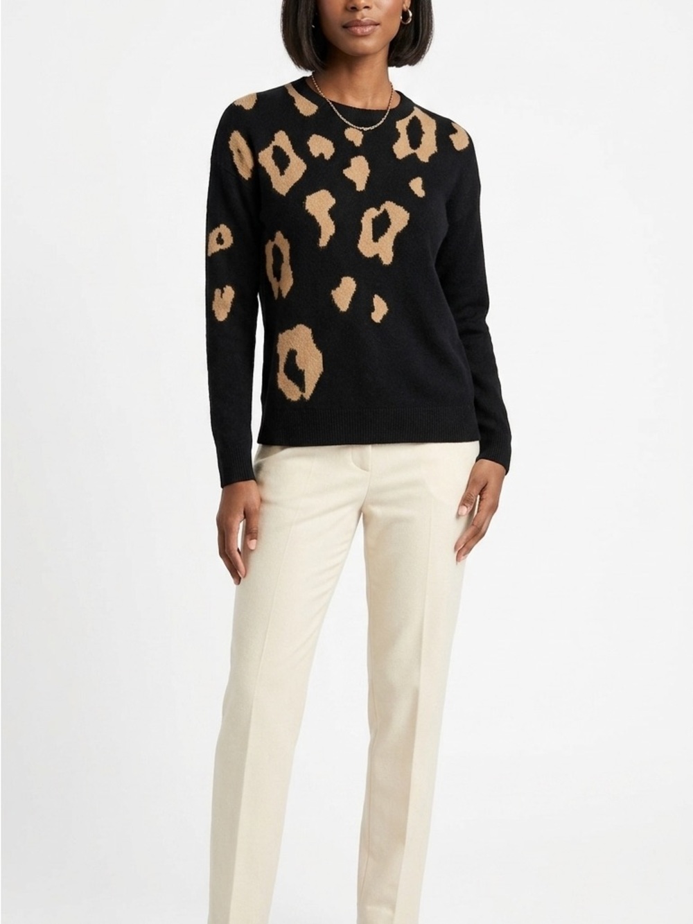Chelsea & Theodore Black and Tan Leopard-Print Crewneck Sweater